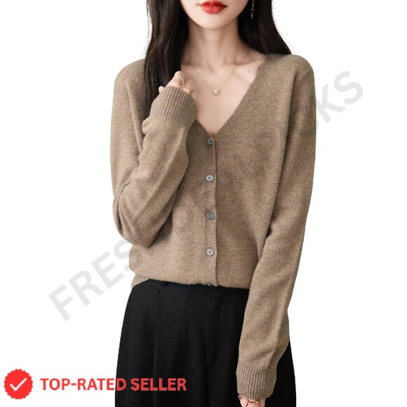 Merino Wool Cardigan V Neck Long Sleeve Lightweight Knit Sweater Chic